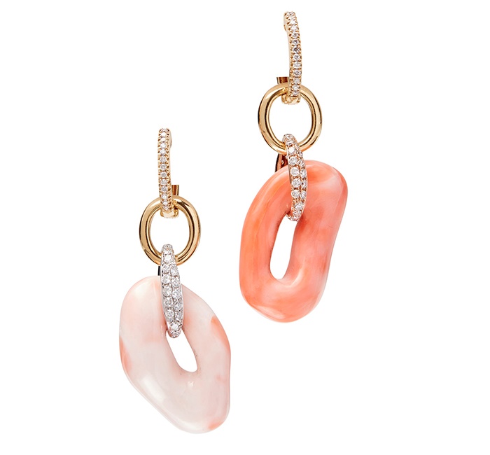 A pair of diamond and coral set pendant earrings